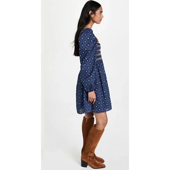 Figue Peony Kizzy Mini Dress Smocked Pom Pom Bandana Print Blue Small - Picture 5 of 13